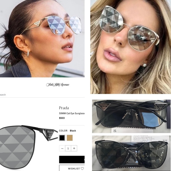 PRADA METAL CAT- EYE FRAMES WITH TRIANGLE PATTERN LENSES, ICONIC TRIANGLE LOGOS - Picture 1 of 16